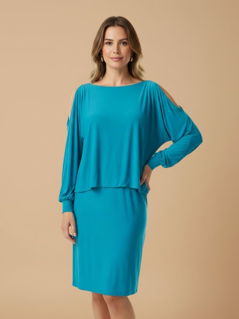 Jessica Simpson 4 Dress Blouson Teal Green Blue Split Sleeve Open Cutout Back‎